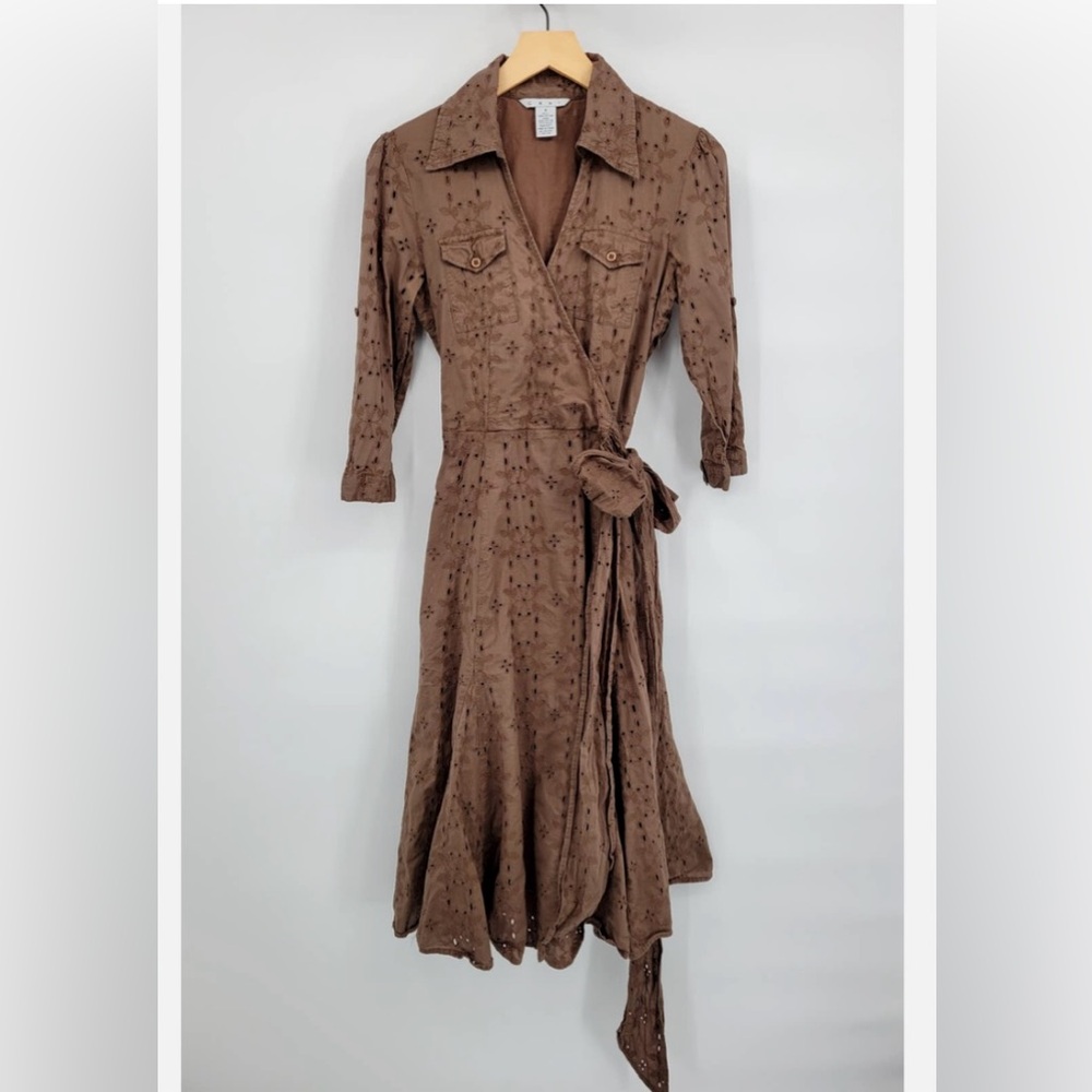 CAbi Brown A-Line Midi Dress with Plunge Neckline - Picture 2 of 7